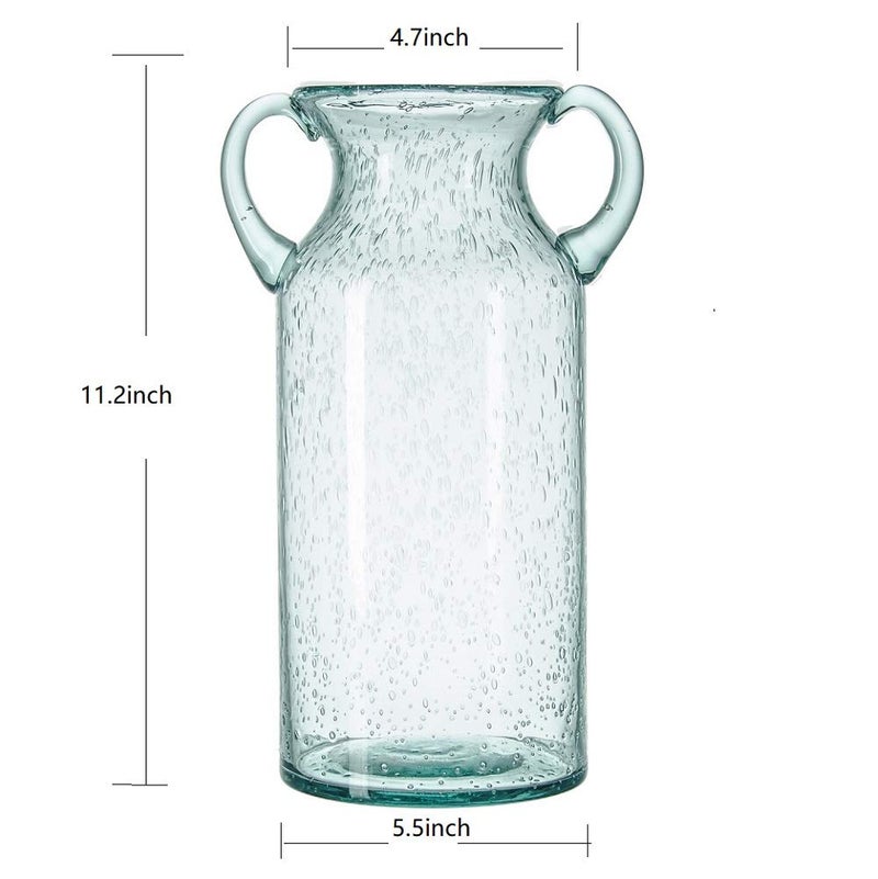 Sunkey Flower Vase Glass Elegant Double Ear Decorative Handmade Air Bubbles Bluish Color Glass Vase for Centerpiece Home Decor (Large) - Image 2